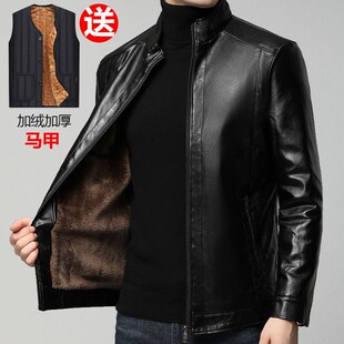 皮衣男秋冬装加厚爸爸皮外套男皮夹克中年休闲优质中年男士皮上衣