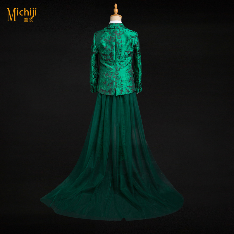 男童演出服学生T台走秀服装个性表演小西服提花绿色礼服主持模特