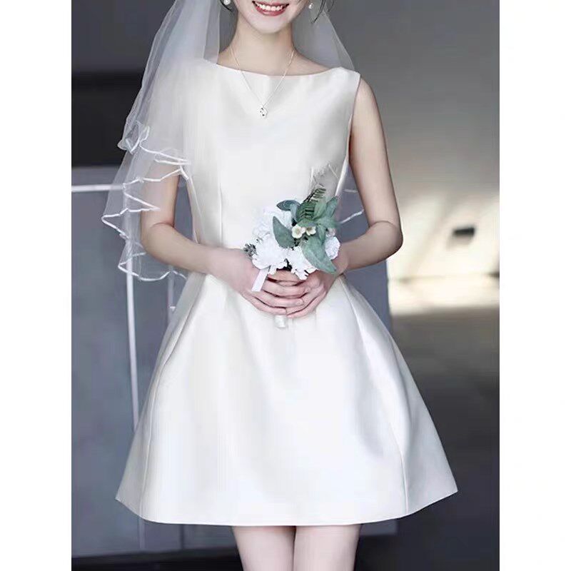 法式白色显瘦高级缎面生日领证毕业成人礼短款礼服连衣裙平时可穿