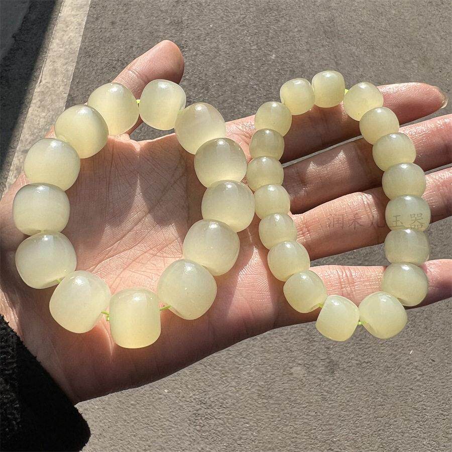 天然冰种蚕丝玉手串和青白玉老型珠手串冰种猫眼女情侣款手链