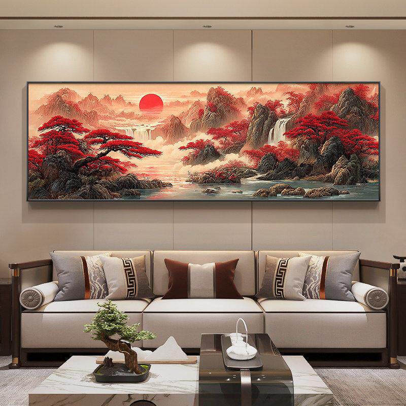 旭日东升客厅装饰画中式流水生财茶室挂画鸿运当头沙发背景墙壁画