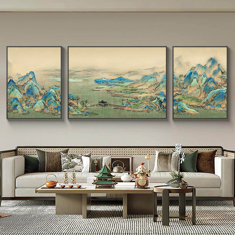 千里江山图客厅挂画新中式沙发背景墙装饰画档山水画三联画壁画