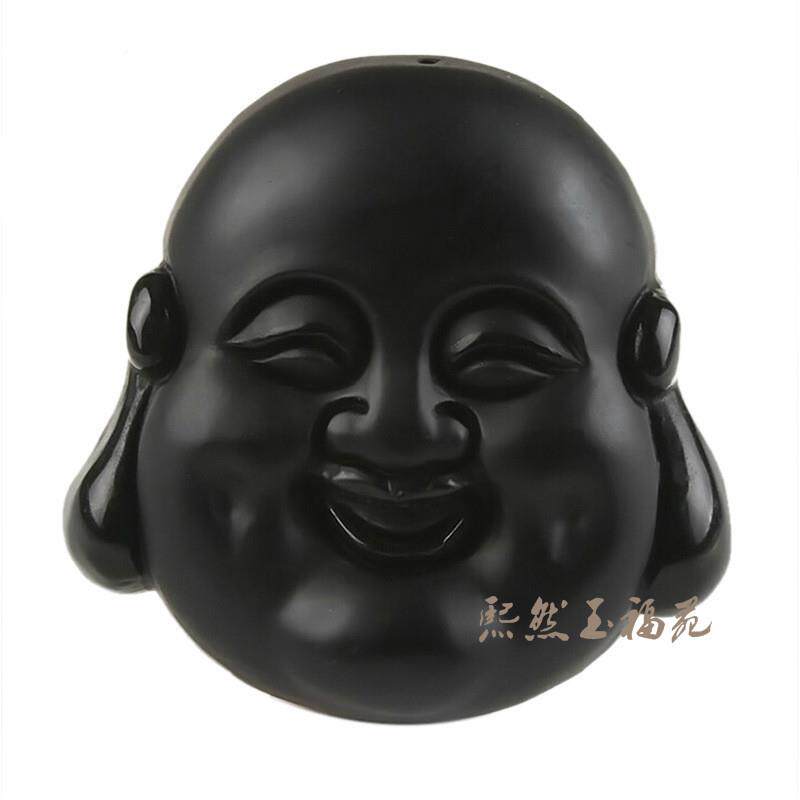 天然黑曜石弥勒佛 佛头吊坠 女款磨砂笑面佛挂件玉坠项链