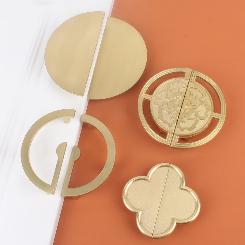 新中式锌合金镀铜拉手金色衣柜门半圆拉手抽屉对开门圆形梅花拉手