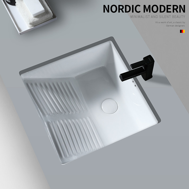 嵌入式台下洗衣盆陶瓷洗手盆带搓板洗衣池洗衣槽水池方形阳台小号