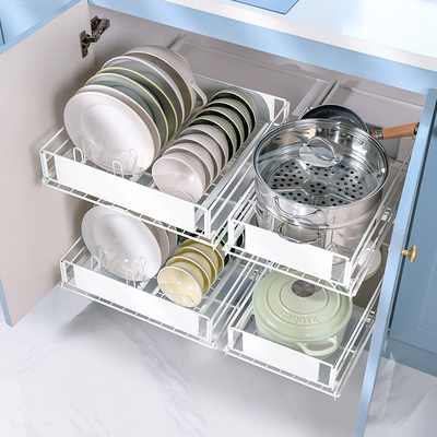 厨房橱柜碗篮免打孔抽屉式调味料碗碟盘子收纳拉篮柜内置锅具碗架