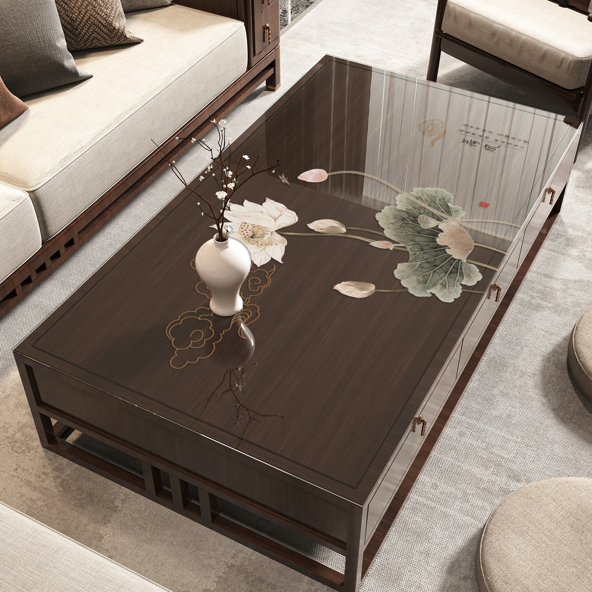 新中式PVC镂空印花半透明软玻璃茶几垫防水防油免洗餐桌电视柜垫,居家布艺,桌布,淘宝优惠券,粉丝福利购,淘宝优惠卷