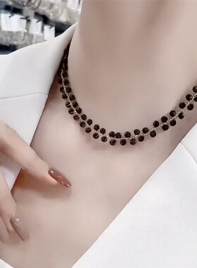 可抽拉小众设计感黑色水晶项链女轻D奢高级感法式时尚锁骨链颈链