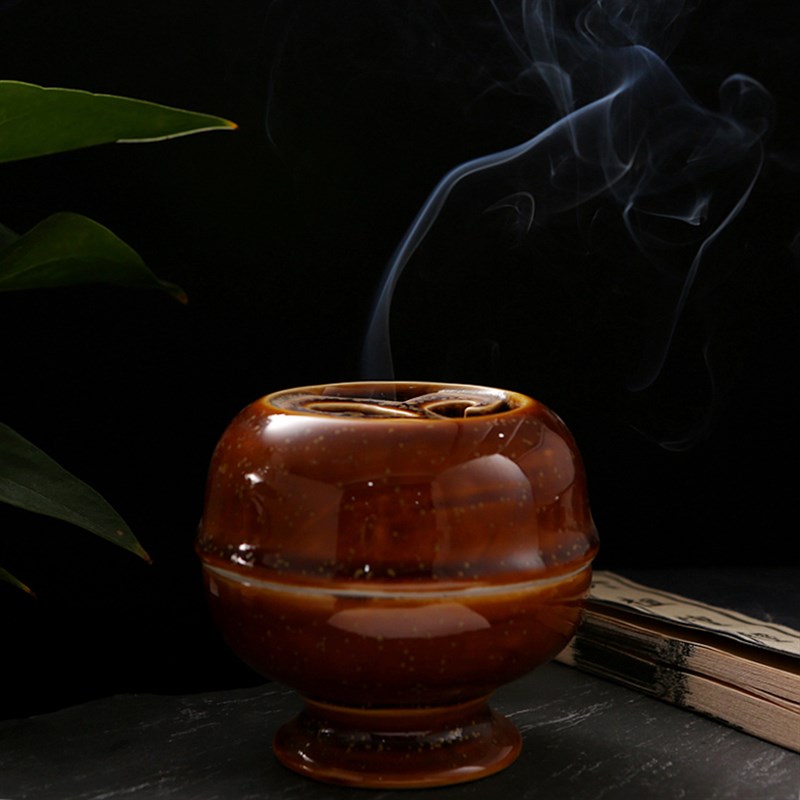 家用室内茶道檀香炉盘香炉陶瓷金酱釉祥云香薰炉日式香道摆件香器