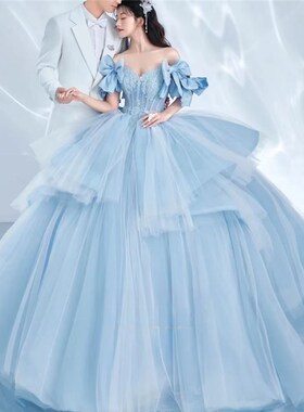 影楼主题摄影写真蓝色婚纱蛋糕裙高级感蓬蓬裙重工公主范新款礼服
