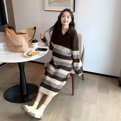 美拉德别出心裁~孕妇装V领针织洋装显瘦时尚秋冬宽松条纹毛衣裙