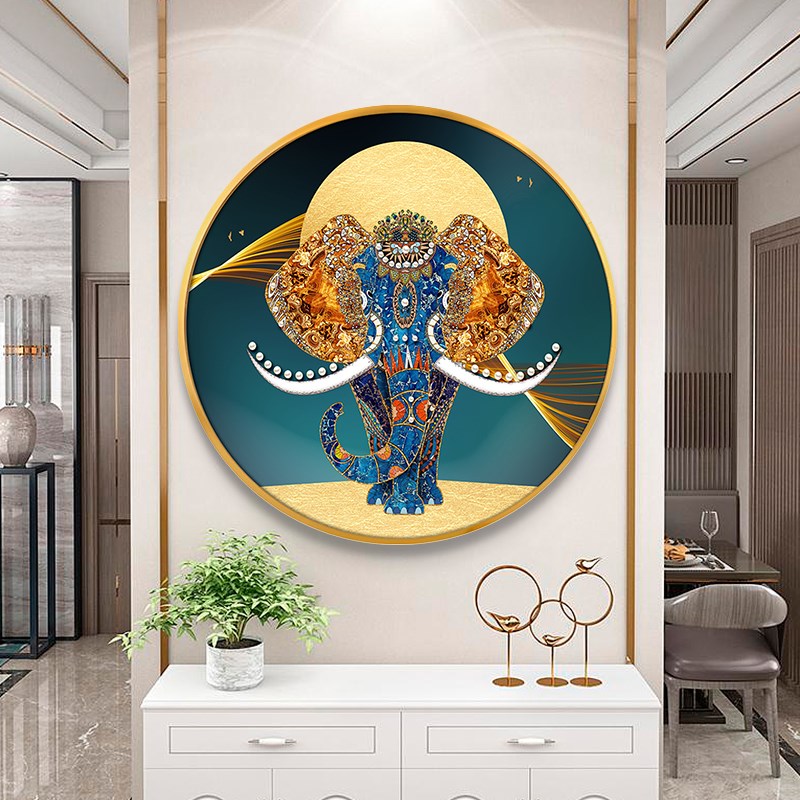 吉祥如意大c象圆形玄关装饰画客厅晶瓷画入户过道壁画美式福鹿挂图片