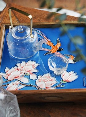 客厅酒柜家居饰品新中式陶瓷桌面摆件榆木托盘实木茶盘新年送礼