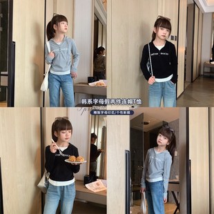 上衣修身 女大童连帽假两件T恤2024春装 字母长袖 青少年韩版 棉T 新款
