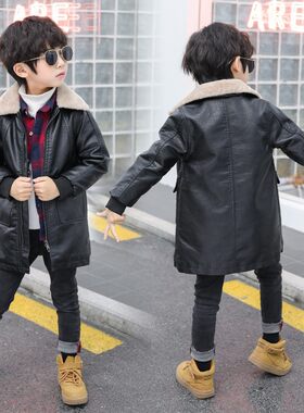 儿童皮衣外套男童2021新款韩版秋冬装加绒加厚中长款男童皮夹克潮