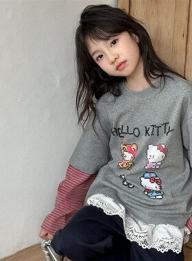 熙爱2025早春新款女童圆领假两件拼接条纹袖T恤撞色时尚上衣12302