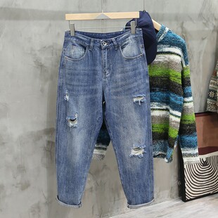 直筒乞丐老爹裤 秋季 宽松大码 男锥r形复古高街美式 破洞补丁牛仔裤