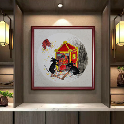 现代中式手绘国画老鼠娶亲贺岁画客厅办公室酒店装饰画玄关挂画