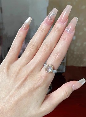 天然冰种白玉髓蛋面戒指超闪锆石开口可调节食指中指小众设计轻奢