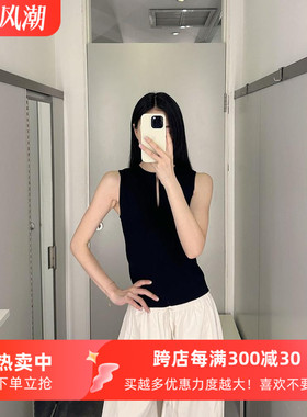 极简修身法式冰凉质感V领套头无袖针织衫黑色25夏季新通勤女背心