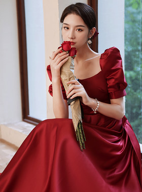 敬酒服新娘2021新款冬季订婚连衣裙遮手臂红色礼服气质婚礼答谢宴