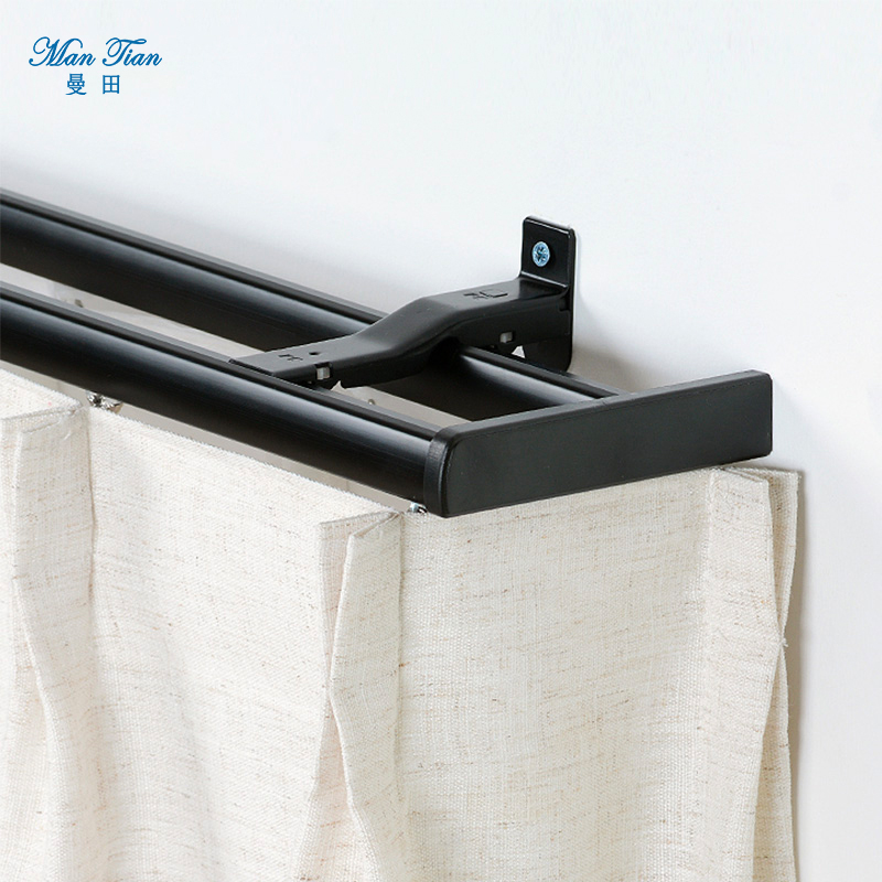 曼田窗帘轨道黑色铝合金窗帘杆直轨可弯曲飘窗滑道顶装导轨单双侧