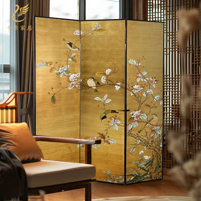 中古风手绘漆画屏风金箔花鸟茶室客厅餐厅玄关隔断沙发背景可定制