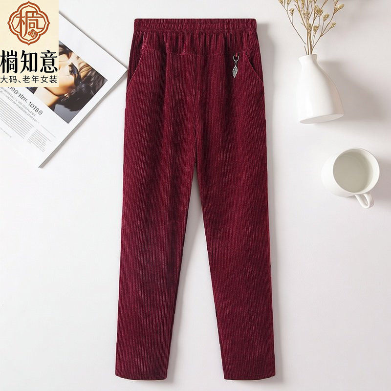 2025秋冬新款妈妈加绒裤子松紧腰大码宽松灯芯绒中老年直筒裤外穿