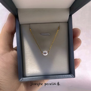 Akoya天然海水珍珠项链 18k金单颗路路通吊坠锁骨链经典百搭送礼