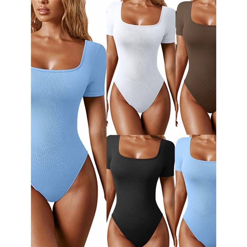 Square necked short sleeved tight fitting jumpVsuit紧身连体