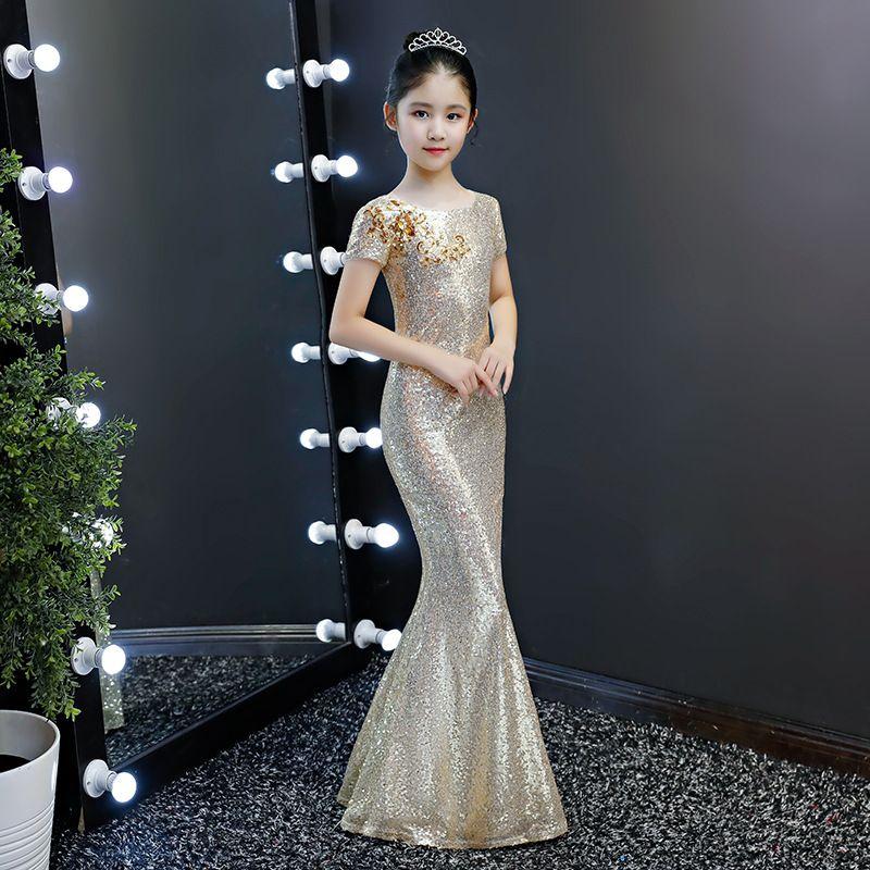 女童公主裙儿童生日鱼尾晚礼服花童小模特走秀钢琴演出服亮片新款
