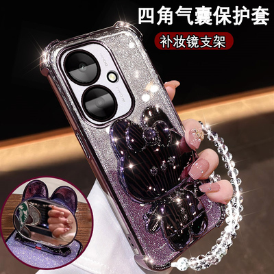 红米13c 4G新款手机壳可爱兔耳支架镜子Redmi13C 5G闪粉透明电镀软壳13c网红高级感支架m13c超薄防摔女保护套