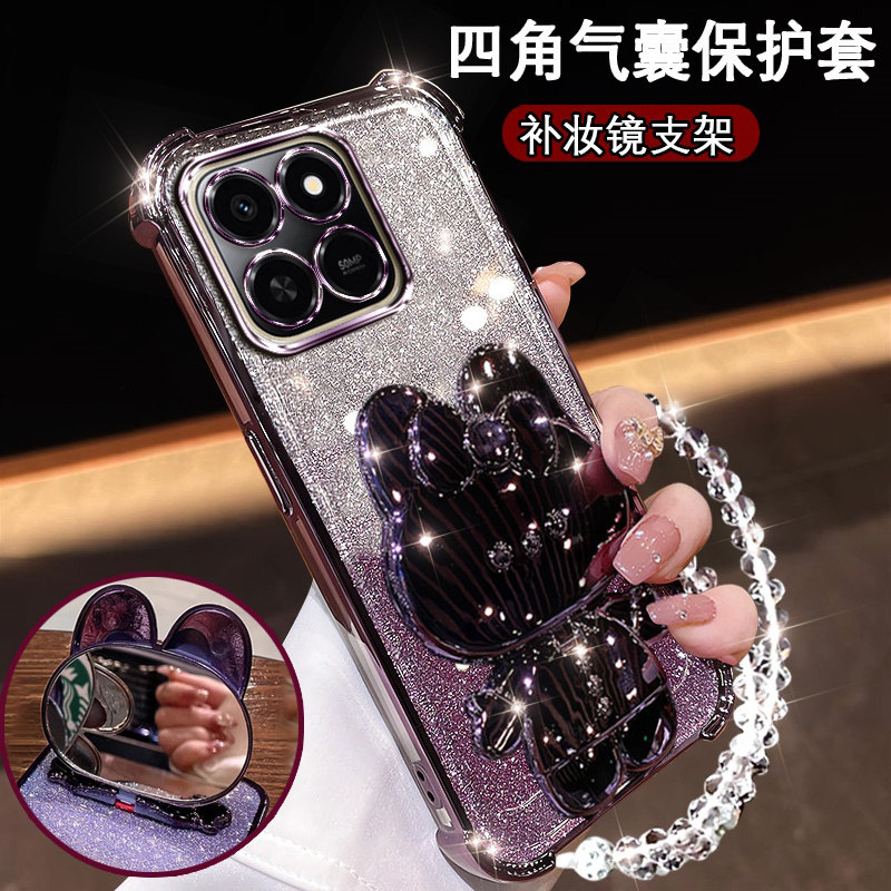 适用华为荣耀play10T新款手机壳镜头膜全包LOG-AN10网红闪粉硅胶Play10T可爱兔镜子支架Honorplay10T防摔软壳