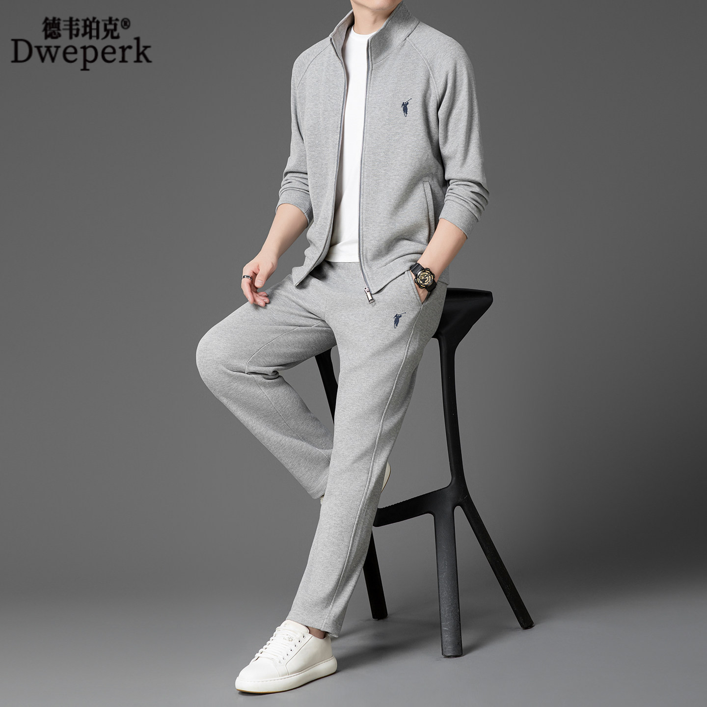 高端含桑蚕丝羊毛运动套装男士春秋季中老年休闲运动服爸爸两件套