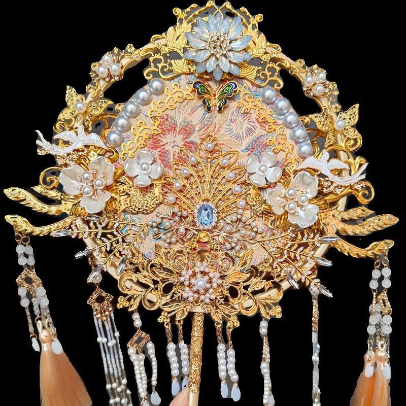 结婚喜扇中式婚礼双面成品扇子金色手工秀禾扇diy材料包新娘团扇