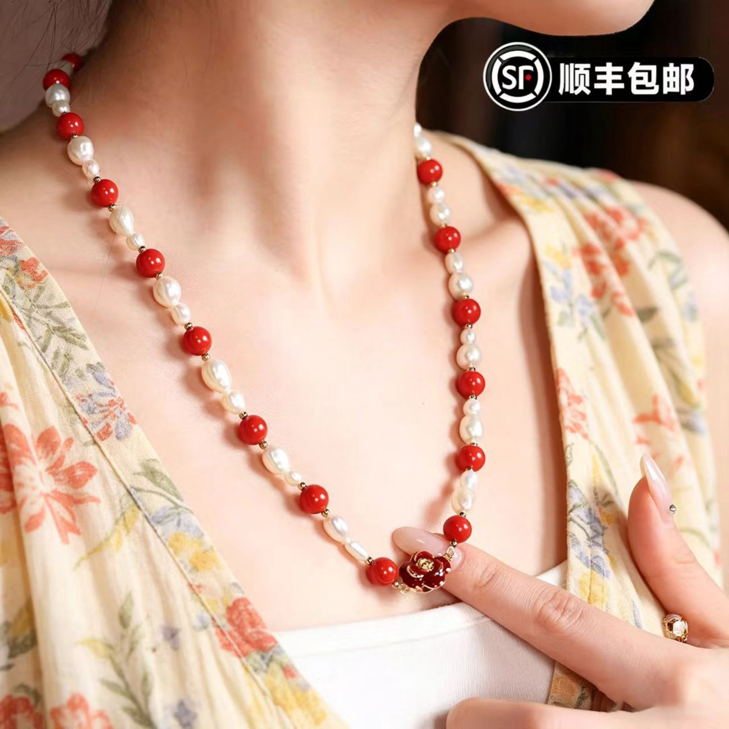 天然辰砂珍珠项链饰品吉祥平安手串锁骨链颈链中式百搭[灵犀宝阁]图片