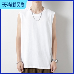 t恤白色W 宽肩无袖 纯棉背心男潮外穿宽松夏季 运动健身篮球坎肩砍袖