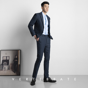 两件套装 脊椎动物男装 西裤 人字纹黛蓝色西装 双开衩西服上班 经典