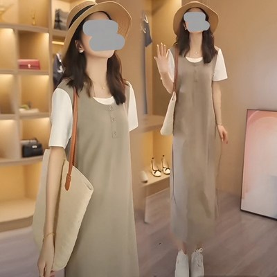 高级感假两件拼接背带连衣裙女2025夏季新款洋气减龄中长款休闲裙