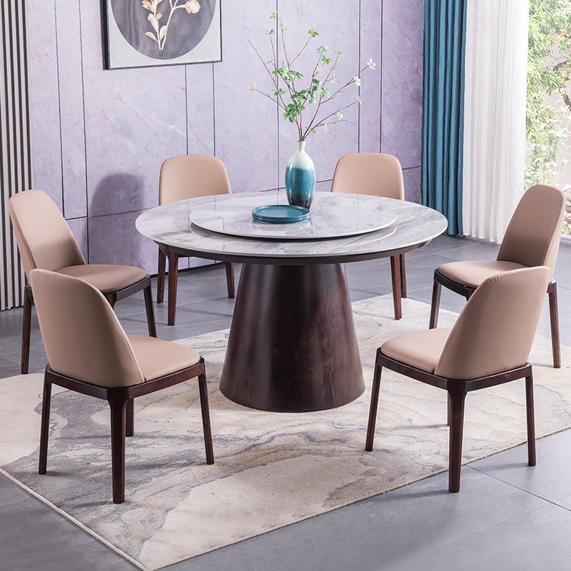 实木餐桌乌金木现代简约岩板圆桌12人带转盘圆餐桌1.8m大理石饭桌