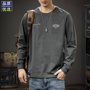 秋季美式复古纯棉长袖t恤男宽松大码潮牌休闲内搭卫衣圆领打底衫
