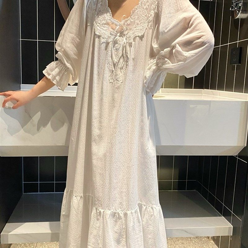 宫廷风纯棉睡裙女春季长袖甜美公主睡衣女蕾丝花边宽松大码家居服