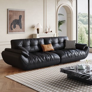 帆船真皮沙发客厅小户型超宽坐深意式极简沙发法T式复古黑色沙发