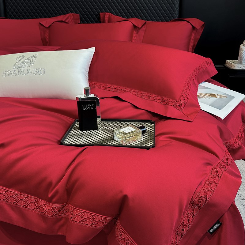 高精密长绒棉优质红色纯棉四件套镂空被套全棉床单床笠结婚房床品
