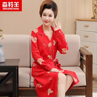 女士纯棉长袖 浴袍宽松大红色睡衣本命 g睡袍中年人妈妈春秋中长款