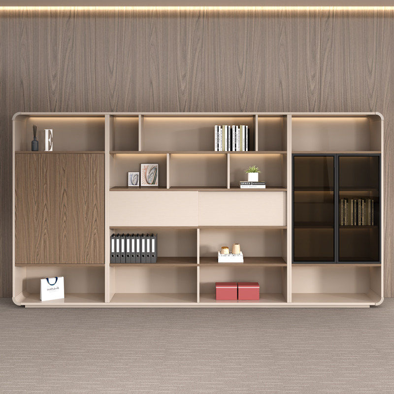 现代简约实木文件柜办公室书柜储物柜带灯带收纳柜落地高质量高端