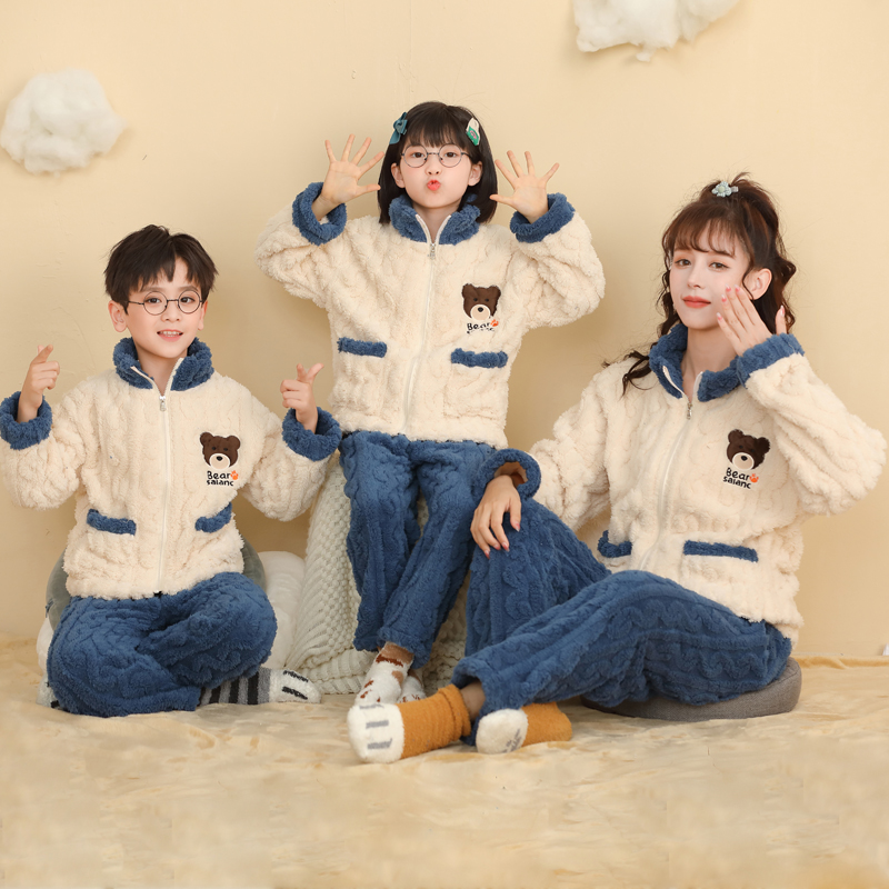 亲子睡衣母女子珊瑚绒一家三口冬季加厚法兰绒男女儿童拉链家居服