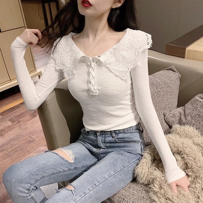 网红主播直播上镜衣服紧身长袖t恤女装修身显瘦性感娃娃v领上衣春
