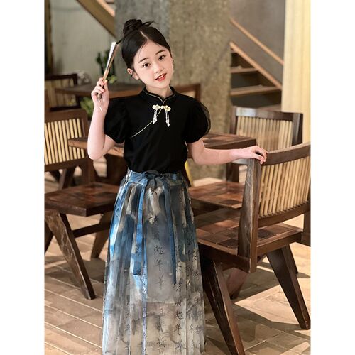 女童汉服套装2025夏季新款儿童新中式短袖上衣长裙子马面裙两件套