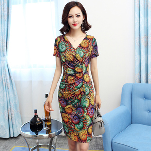 冰丝连衣裙夏季 包臀小个子短款 v领遮肚显瘦收腰气质 印花修身 短袖
